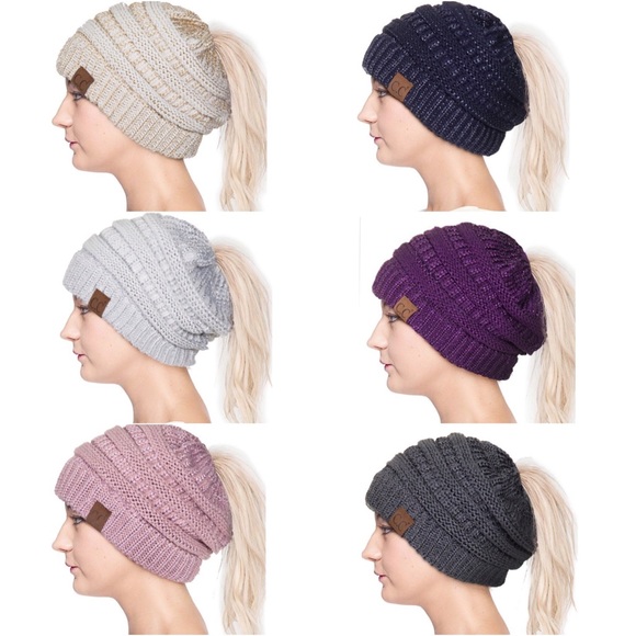 C.C Ponytail/Messy Bun Dark Gray Metallic Beanie - Picture 2 of 3